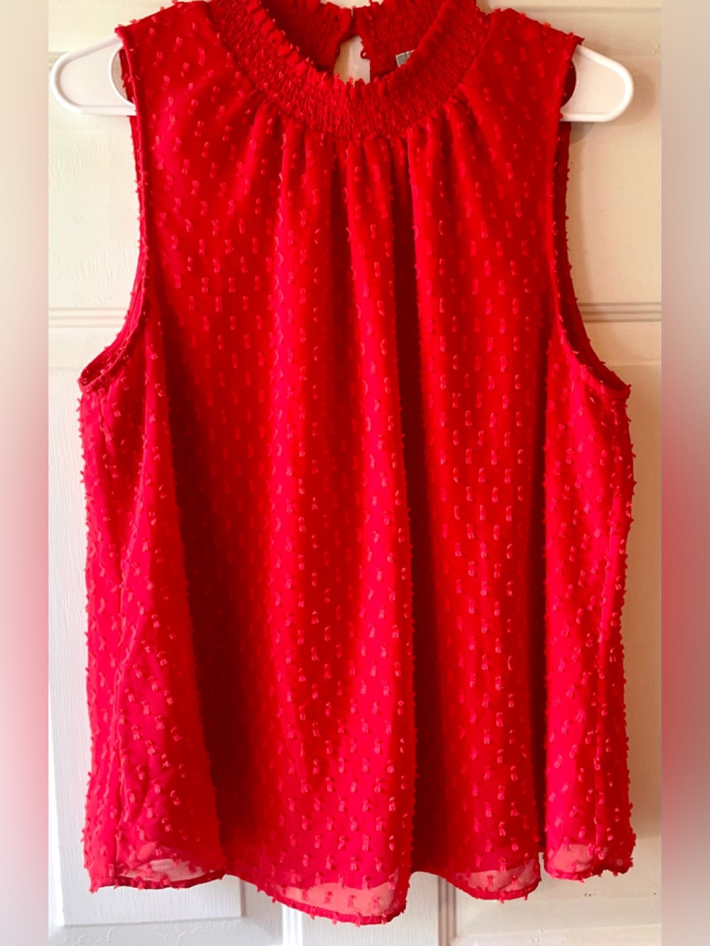Daniel Rainn Bold Red Popcorn Chenille Smocked Ruffle Neck Sleeveless Blouse XL